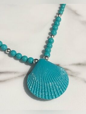 Scalloped Shell Coastal Goddess Blue Beaded Statement Necklace